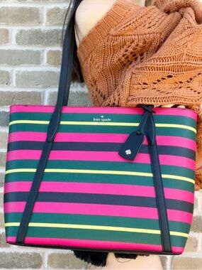kate spade Pink, Green & Yellow Striped Leather Tote